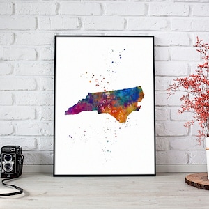 Karte von North Carolina Kunstdruck, NC State Wall Art für Home Office, Kinderzimmer, Kinderzimmer Dekor, mehrfarbiges Aquarell Poster, USA State Map