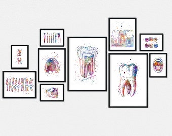 Dental art for dentist office wall decor, Set of 10 watercolor prints, Graduation gift
