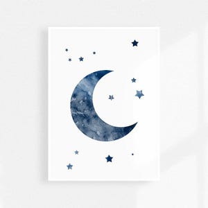 Maan en sterren kinderkamer decor, marineblauwe aquarel kunst print, slaapkamer wand decor
