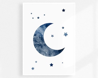 Moon and stars nursery decor, Navy blue watercolor art print, bedroom wall decor