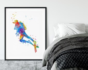 Scuba Diver Print, Vibrant Watercolor Artwork for Home Decor, Water Sport Inspirational Wall Art for Boy Room,  Scuba Diving Colorful Poster