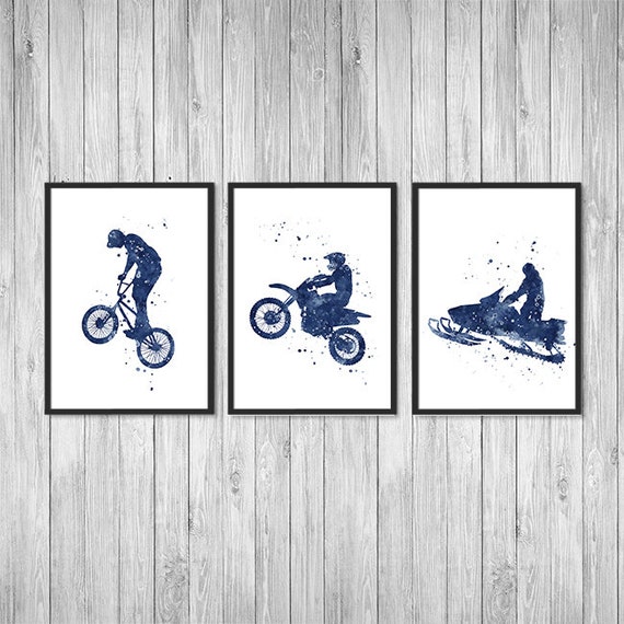 Extreme Sports Wall Art Boys room decor Set of 3 Blue Watercolor Prints