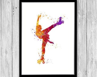 Roller skate poster, Roller skating watercolor art print, Girls room wall decor