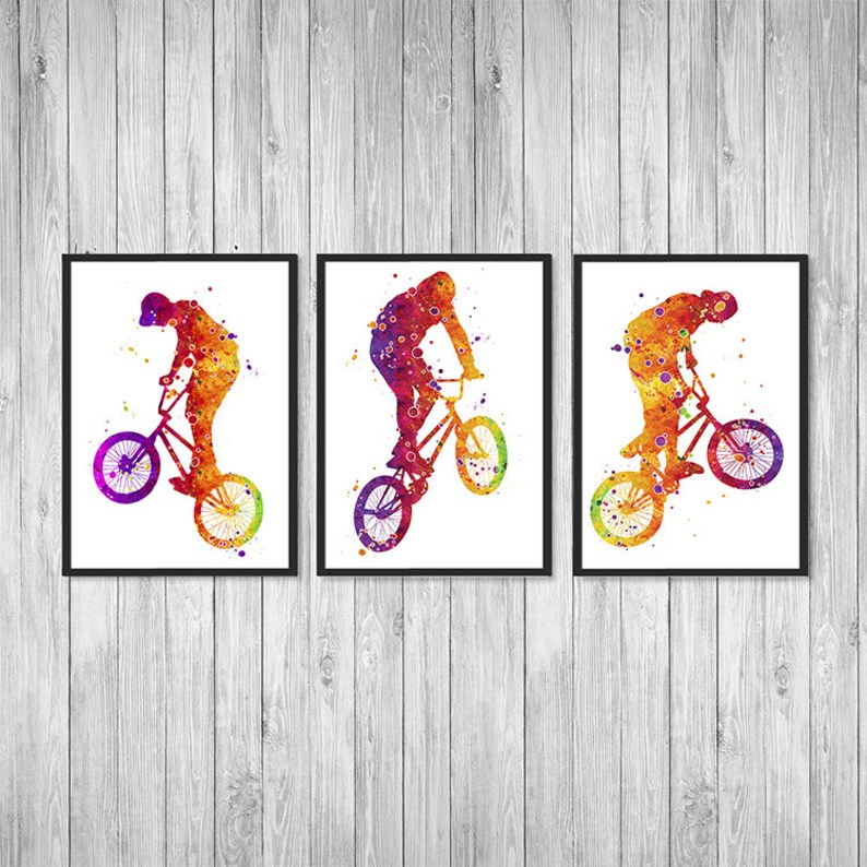 BMX Poster Set of 3 Watercolor Prints BMX Bike Teen Boy Etsy