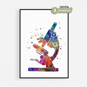 Microscope Watercolor Printable, Science Wall Art, Biology Teacher Gift, Lab Decor Poster, Instant Digital Download
