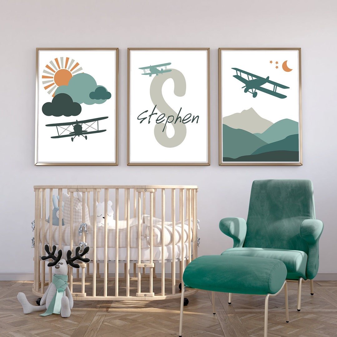 Airplane Nursery Wall Decor | Personalized Name Set of 3 Prints ...
