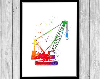 Construction Crawler Crane Watercolor Art Print for boys room decor