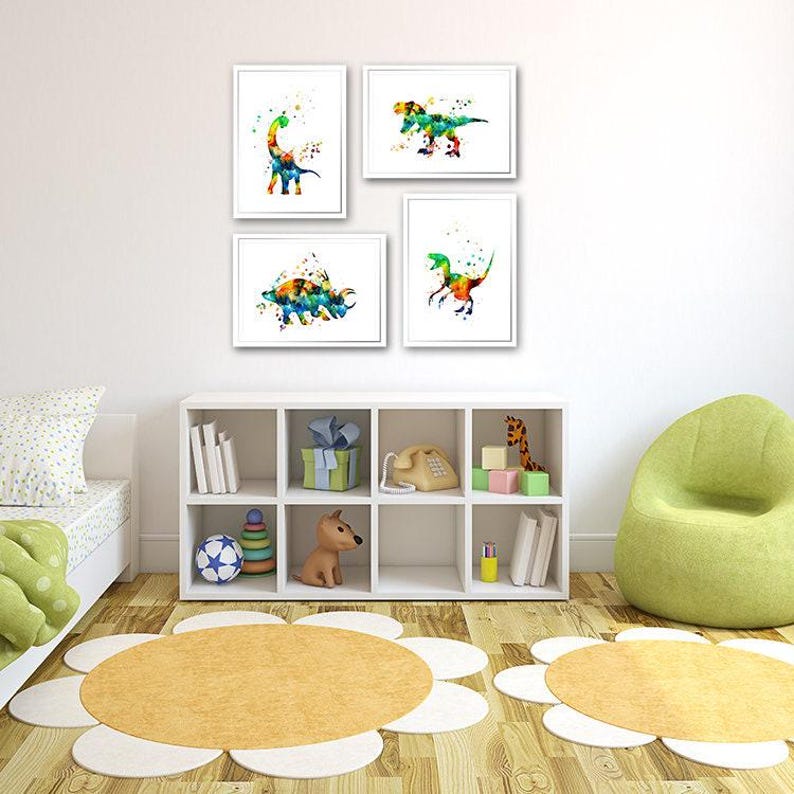 Dinosaur Set of 4 Watercolor Prints Kids Room Wall Art T-rex ...