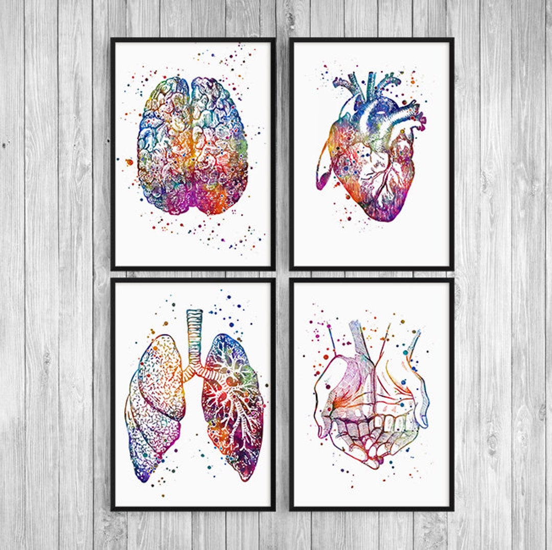 Anatomy Art Print Set of 4 Open Hand Palms Heart Brain Lungs Watercolor ...