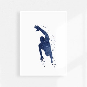 Swimming, navy blue watercolor print,swimmer illustration for boys room decor