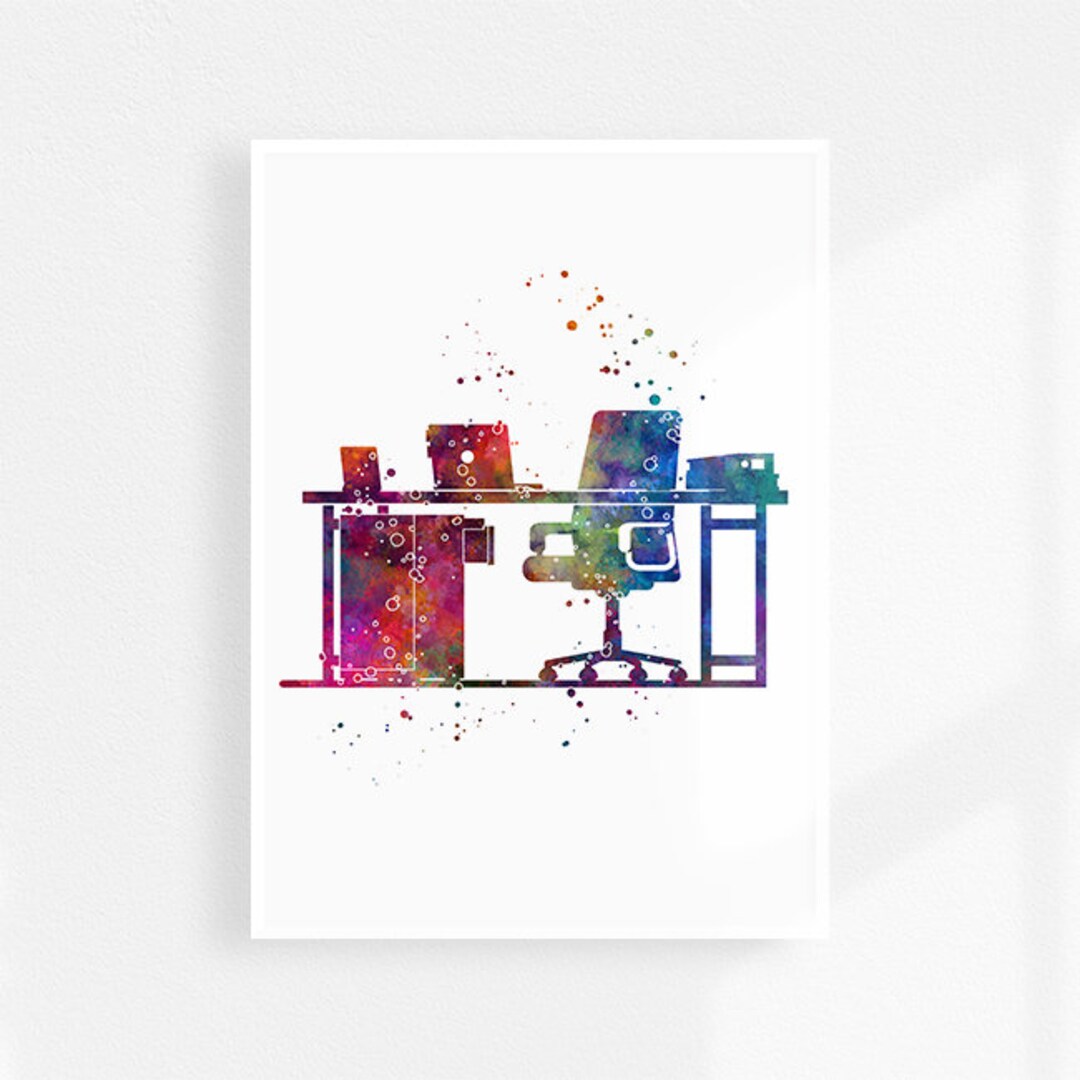 Desk Watercolor Print | Home Office Wall Art Decor | Multicolored ...