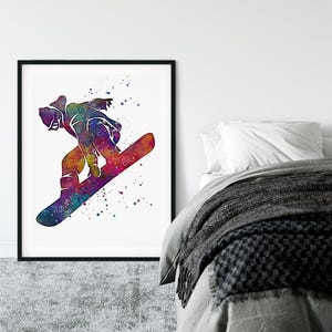 Snowboarding Wall Art Watercolor Print, Boys Room Decor, Gift for Teen Boy, Extreme Sports Poster, Snowboarder Christmas Gift