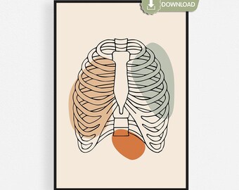 Rib Cage Printable, One Line Skeleton Chest Art, Boho Anatomy Doctor Office Decor, Instant Download