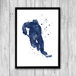 Hockey Decor Watercolor Blue Print Sports Art for Boys Room, Player Birthday Gift