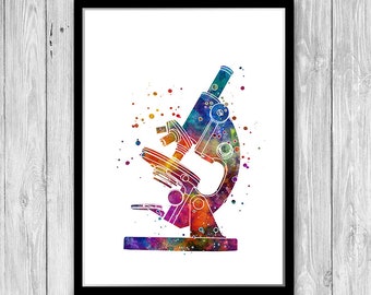 Microscope Art Watercolor Print Microbiologist Gift Lab Wall Decor Science Poster