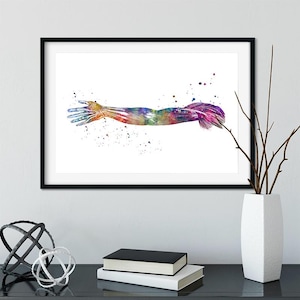 May include: A watercolor painting of a human arm with muscles and tendons visible. The arm is outstretched and the hand is open. The painting is done in a rainbow of colors.
