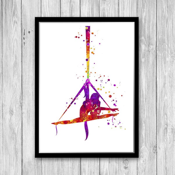 Aerial Silks, Aerial Yoga Gift Watercolor Art Print, Sport Aerial Silk Gymnastics Dancing Club Decor, Circus Art