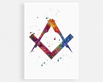 Architect's tools Freemason Symbol Watercolor Print, Home Office Decor, Square and Compasses