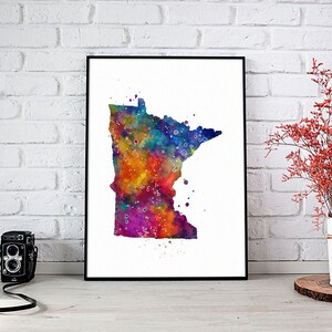 Minnesota Karte Aquarell Druck | Mehrfarbiges Kunstwerk für Zuhause Büro Wand Kunst Dekor | USA Bundesstaat der USA ungerahmtes Poster auf Leinwand oder Kunstdruckpapier