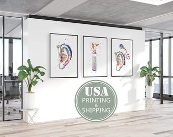Audiology Prints Set of 3, Multicolored Watercolor Art Posters, Audiologist Office Decor, Cochlear implant Hearing aid Otoscope, USA Print
