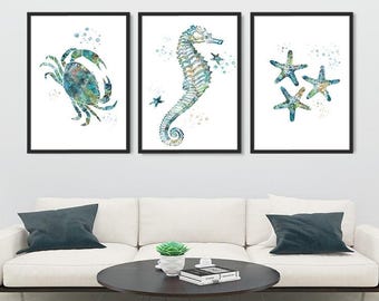Seahorse Crab Starfish Set of 3 Watercolor Nautical Painting Prints Nursery Nautical Art Coastal decor, Beach House wall art