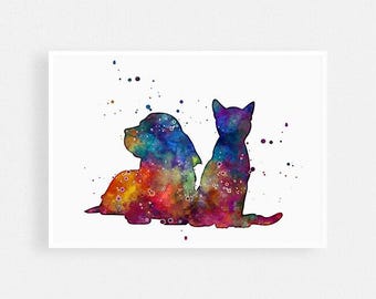 Veterinaire kunst aan de muur, kat en hond aquarel print, valentijnscadeau voor dierenarts kantoor muur decor, huisdierliefhebbers aanwezig