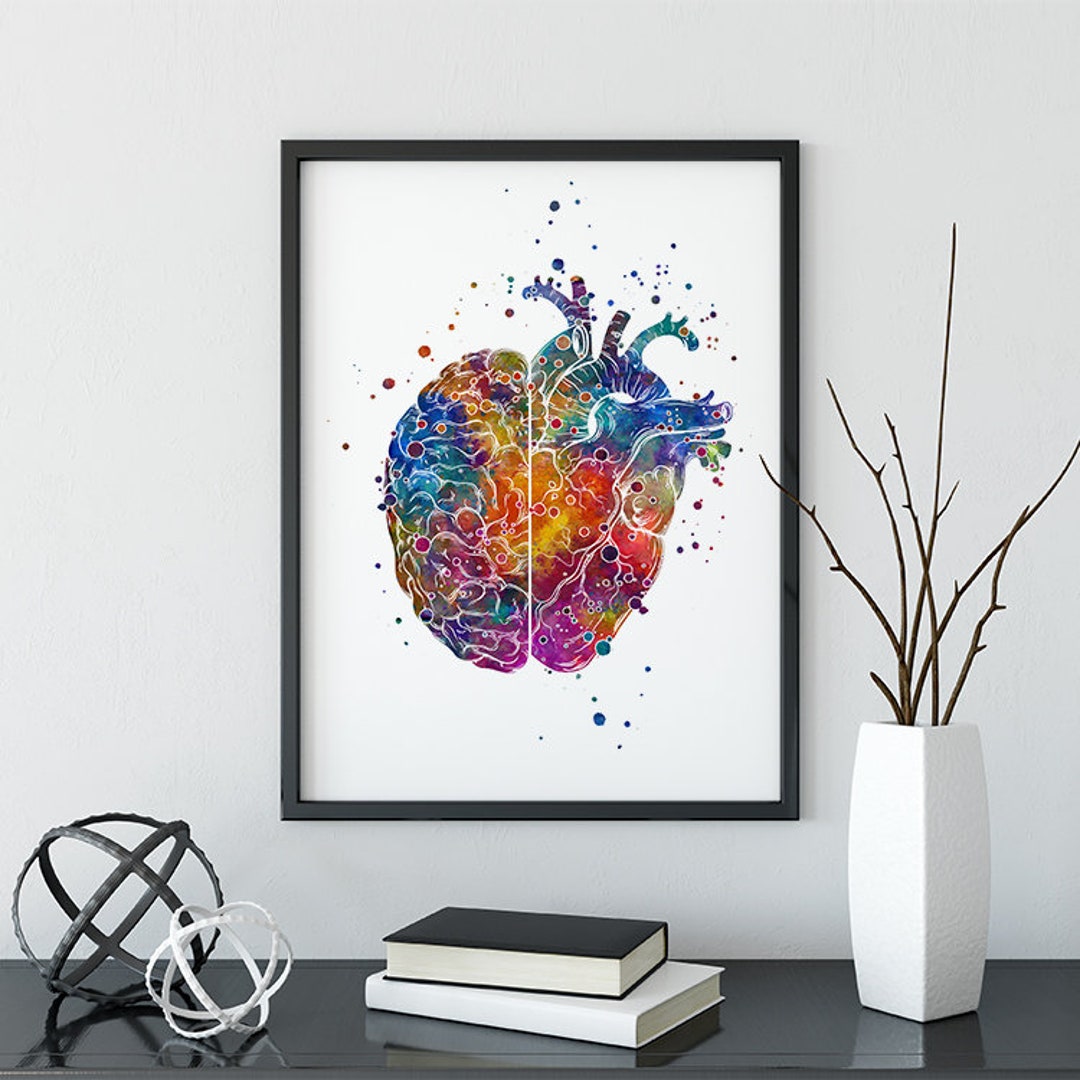 Human Anatomy Art Print, Brain and Heart Concept Watercolor Artwork ...