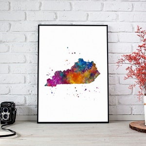 Kentucky Art Print, KY veelkleurige aquarel artwork, USA staat kaart poster, geografie school klas muur decor, thuiskantoor decoartion