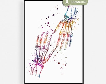 Hand Bones Anatomy Print, Watercolor Hand Therapy Decor Medical Student Gift Instant Download
