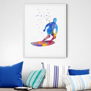 Impresión artística de surf para decoración de habitación de niños, obra de arte colorida de acuarela de surfista, póster de tabla de surf para decoración de pared de habitación de niño adolescente, imagen de deportes acuáticos