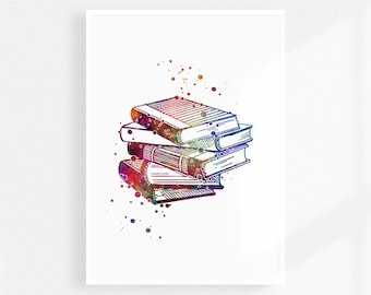 Book lover watercolor art print, Books pile, Bookshop wall decor, reading room decor