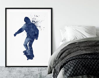 Skateboarding Print, Teen Boys Bedroom Decor, Navy Blue Watercolor Street Sport Poster, Inspirational Artwork for kids room wall art