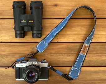 Komplett handgemachtes blaues Leder Kameraband