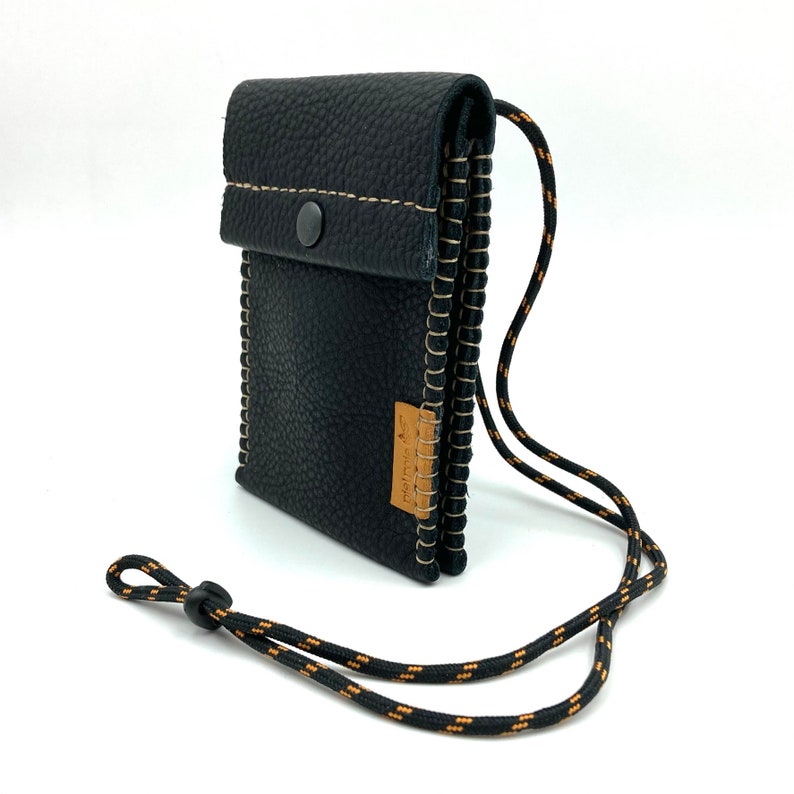 Black leather travel neck wallet.