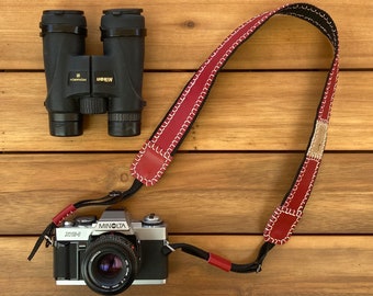 Red leather camera strap, different and original, totally handmade