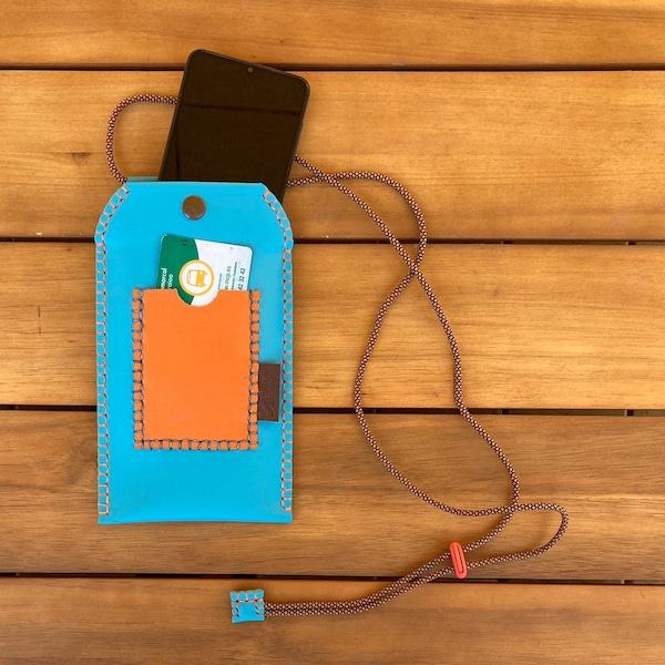 Blue Cellphone Case · Blue Leather Holder · Blue and Orange Case · Original Case · Iphone Holder · Card Case · Youthful Holder
