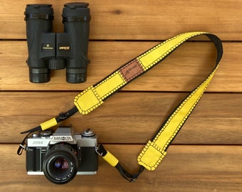 Bracelet d’appareil photo en cuir jaune, entièrement fabriqué à la main