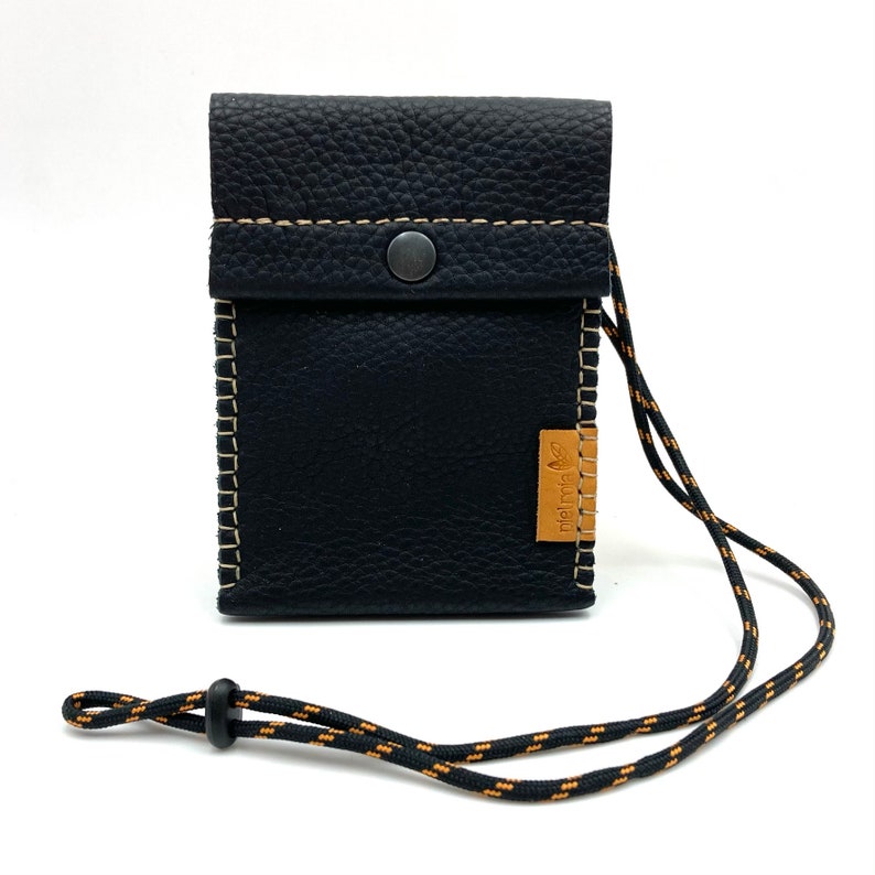 Black leather travel neck wallet.