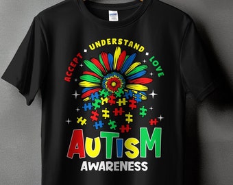 Autism Awareness T-Shirt - Colorful Puzzle Pieces and Flowers, Accept Understand Love, Support Neurodiversity Tee