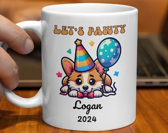 Personalized Corgi Mug, Custom Name and Year, Birthday Party Celebration Coffee Cup, Colorful Balloon Hat Design, Gift for Corgi Dog Lovers