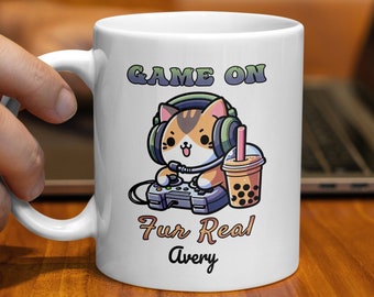 Funny Gamer Mug, Cute Kitten With Headphones, Custom Gaming Coffee Cup, Personalized Novelty Gift, Fur Real Pun, Game On Quote