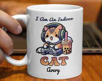 Personalized Gamer Mug, Cute Cat with Headphones and Boba Tea, Custom Name Coffee Cup, Gift for Gamers, I Am An Indoor Cat