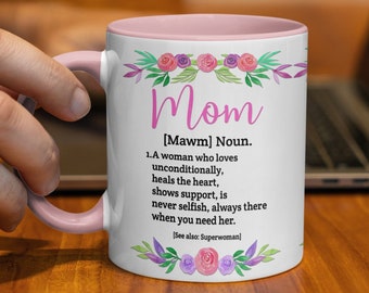 Mom Definition Coffee Mug, Cute Mom Mug, Mother's Day Gift, Floral Mommy Tea Cup, 11oz Two-Tone Accent Ceramic Mug, Pink Black Red Blue Navy