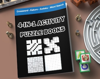 May include: A black and white activity book with the title "4-IN-1 ACTIVITY PUZZLE BOOKS" and the text "Crossword - Kakuro - Sudoku - Word Search". The book features four different types of puzzles: a crossword, a kakuro, a sudoku, and a word search.