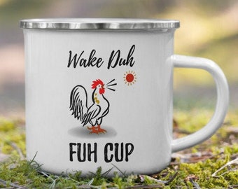 Wake Duh Fuh Cup, 12oz White Enamel Camper Coffee Mug, Funny Rooster Crowing Cuss Words, Wake the F*ck Up, Camping Enamelware Tea Cup