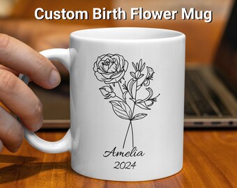 Birth Month Flower Mug Personalized With Name and Year, Custom Gift For Mom, Grandma, Sister, Aunt, Friend, Cousin, Birthday, Bridal Party