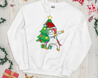 Ugly Christmas Sweater, Xmas Tree Sweatshirt, Women's Holiday Crewneck, Dabbing Unicorn, X'mas Stocking Stuffer