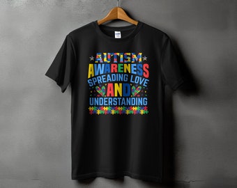 Autism Awareness T-Shirt with Puzzle Pieces, Spreading Love and Understanding, Colorful Rainbow Design