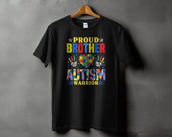 T-shirt fier frère guerrier de l'autisme, sensibilisation à la neurodiversité, acceptation de l'autisme, t-shirt coeur puzzle arc-en-ciel, chemise de soutien colorée