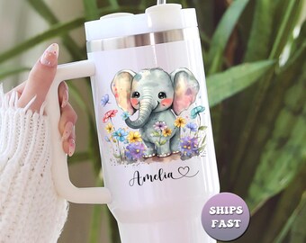 Vaso personalizado con diseño de elefante en acuarela, vaso de 1.2 litros con asa y nombre personalizado.